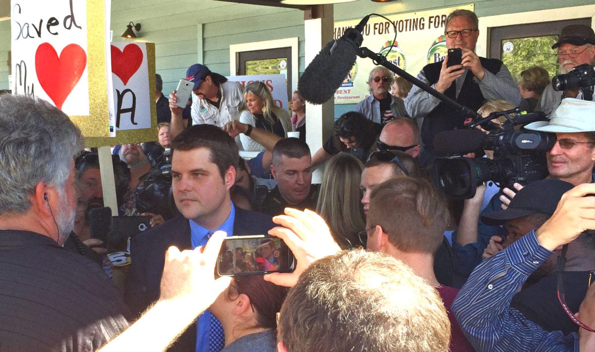 Matt Gaetz crowd5e 1200x711 - Oops, They Did It Again: Crowd Bowls Over Gaetz in Beery Alley