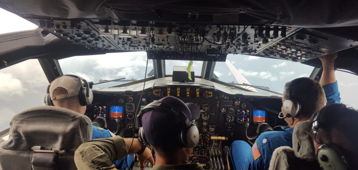 The flight deck of NOAA Lockheed WP-3D Orion N42RF during a 08242017 flight into Hurricane Harvey_300_NOAA photo by LT Kevin Doreumus