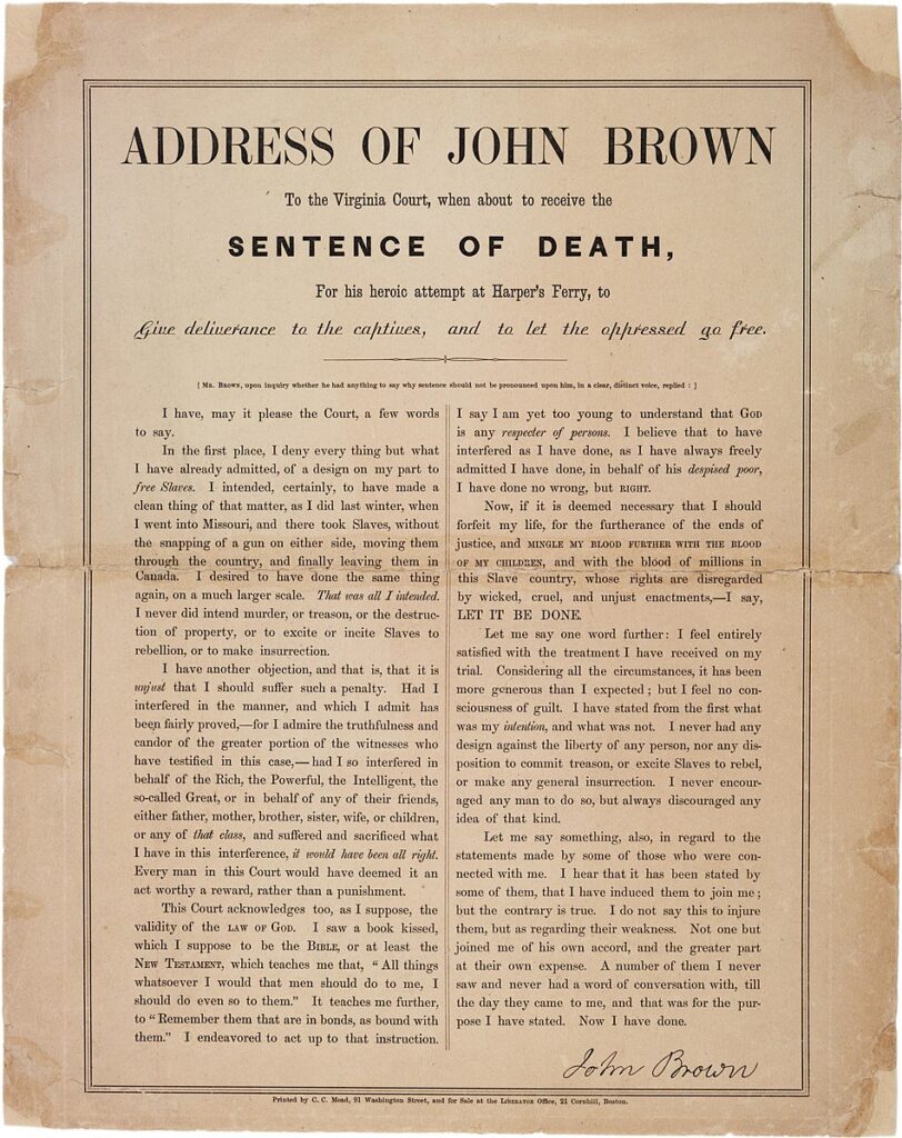 950px Broadside of John Browns last speech 812x1024 - Harpers Ferry: John Brown's Raid Made Him a Martyr, Foreshadowing Trump's Insurrection