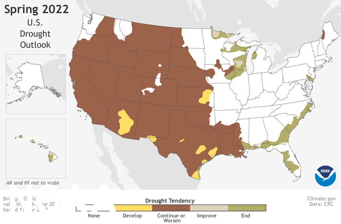 Summer Global Warming Trends Expected to Continue Across U.S., Along With Droughts, Fires in the West CPC DO 700 2022 3 17 - Summer Global Warming Trends Expected to Continue Across U.S., Along With Droughts, Fires in the West