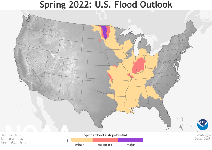 US Spring Outlook Flood Outlook 2022 - Summertime global warming trends are expected to continue in the United States, along with droughts and fires in the West