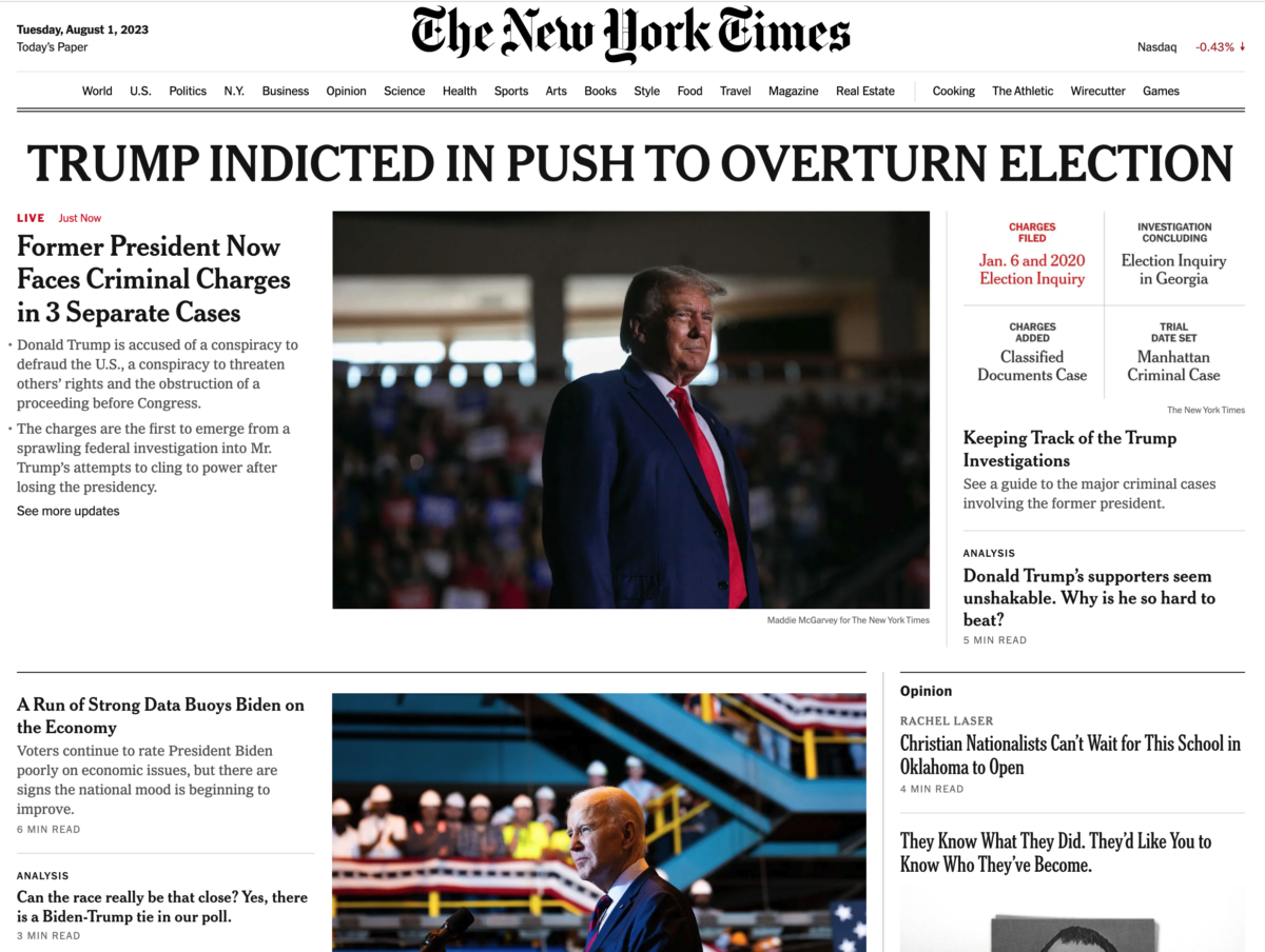 Trump Indicted for Trying to Overturn the 2020 Election NYTimes TrumpIndicted8 1 2023 1200x904 - Trump Indicted for Trying to Overturn the 2020 Election