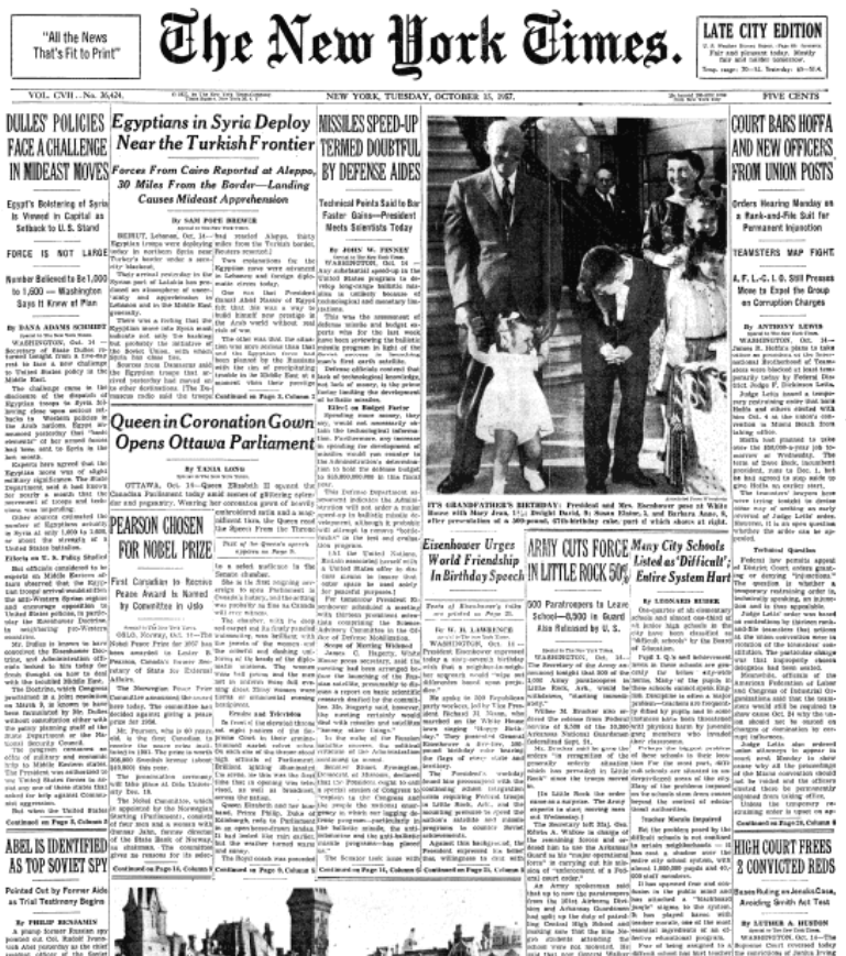 How History Repeats Itself: Trump Administration Acknowledges the U.S. Now Has Weapons in Space NYT10 15 1957FP - How History Repeats Itself: Trump Administration Acknowledges the U.S. Now Has Weapons in Space